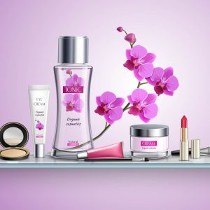 Makeup colored and realistic composition with set of luxury cosmetics on glass shelf vector illustration